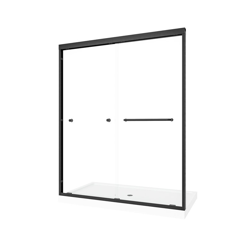 Porte de douche coulissante double à double dérivation, largeur de 55 à 60 po, hauteur de 72 po, noir mat, cadre en aluminium, verre trempé de 6 mm, preuve de nano, installation facile dans la salle de bain, couloir style minimaliste américain, alliage