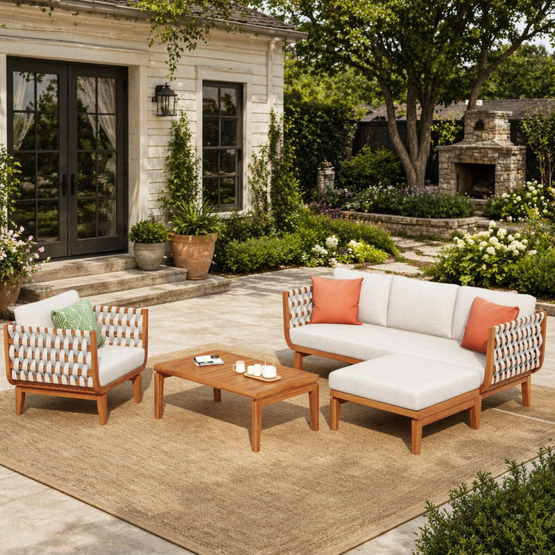 Ensemble de meubles de patio en bois d'acacia, canapé de conversation extérieur 4 pièces avec coussins hydrofuges beiges, conception en corde tissée et structure en teck, avec table basse et repose-pieds pour jardin