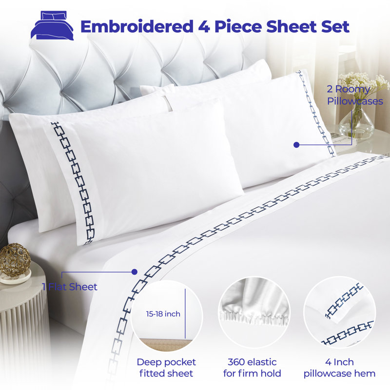 Ensemble de literie à pochettes profondes brodées à mailles supérieures 100% coton Superior, Blanc / Marine