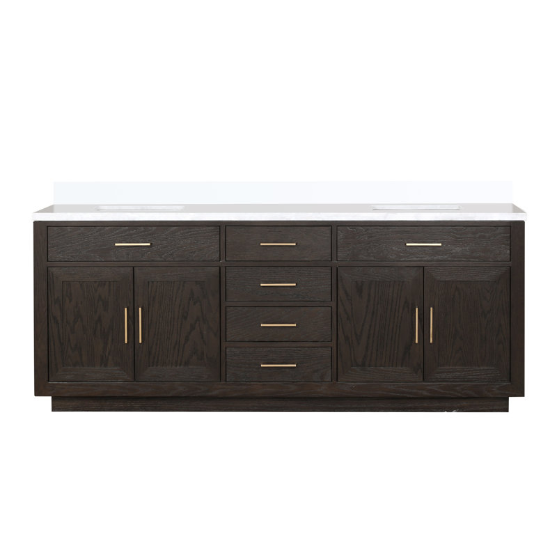 84" Double Bathroom Vanity Set, Brown Oak, White Cultured Marble