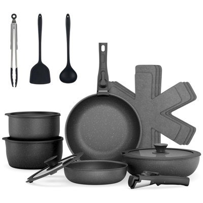 Ensemble de 18 ustensiles de cuisine antiadhésifs en céramique avec revêtement amovible en granit noir avec poignées amovibles et couvercles en verre