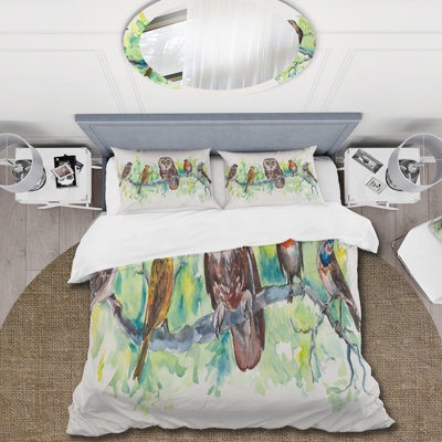 Owl On A Branch With Bird Friends - Traditional Duvet Cover Set - Microfiber Polyester