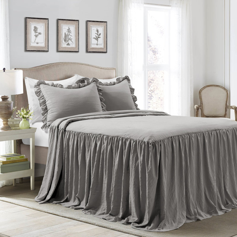 Reyna Microfiber Ruffle Skirt Bedspread Set, Queen Bedspread + 2 Standard Shams, Dark Gray