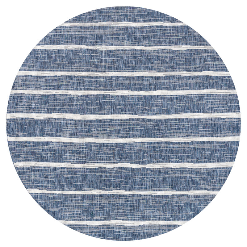 London Berber Stripe Blue/Ivory Indoor/Outdoor Rug, Round 6'7"