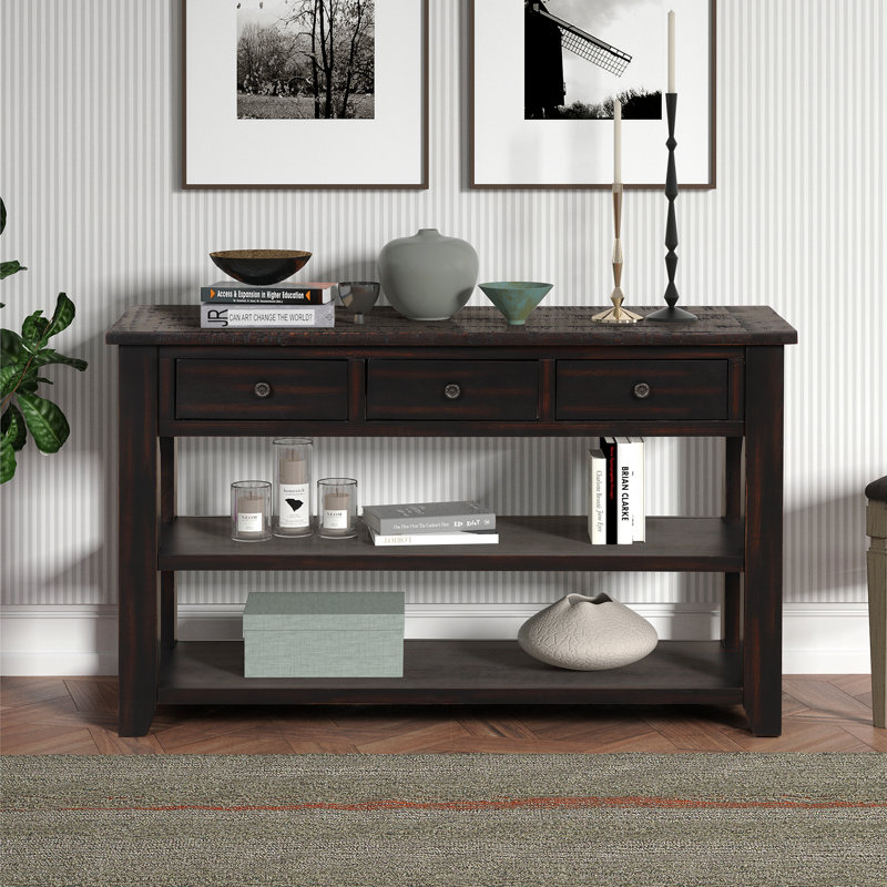 Console 48 po, 3 tiroirs, 2 tablettes, bois de pin pour entrée - noir vieilli