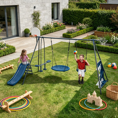 ensemble de balançoire bleu intéressant à six fonctions avec balançoire filet en plastique et en métal 440 lb pour aire de jeux extérieure pour les enfants de 3 ans et plus avec balançoire en filet de 31,5 po