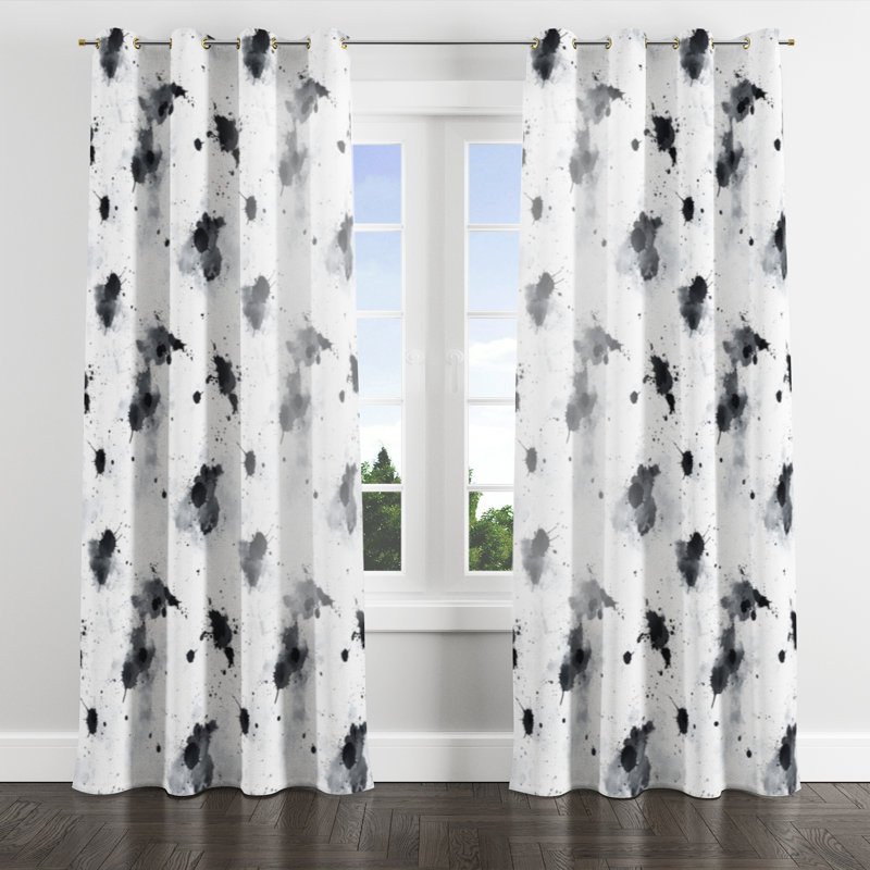 Abstract Window curtains - Modern Minimal Black And White Ink Grommet Curtain - 1 Panel, Gold Grommets, 52" W x 95" L