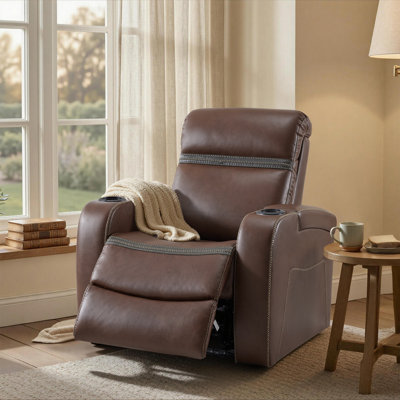 Faux Leather Power Reclining Home Theater Seat with Cup Holder