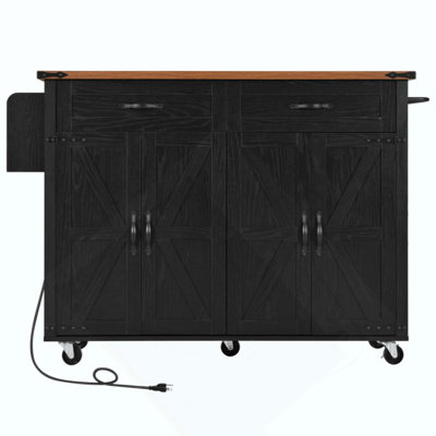 Farmhouse Kitchen Island With Power Outlet, Kitchen Storage Island With Drop Leaf, Spice Rack And Drawer, Rolling Kitchen Cart On Wheels, For Home, Kitchen And Dining Room