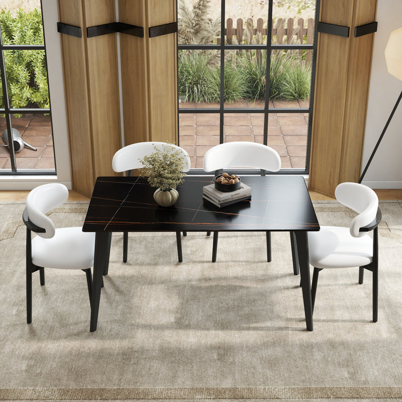 Juvan Modern 5-Piece Rectangular Marble Dining Table Set With 4 Faux Leather Chair, Lauren Blackgold, White/Black
