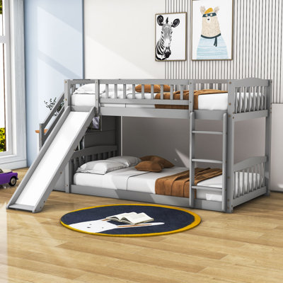 Twin Over Twin Wood Bunk Bed with Cabinet and Slide