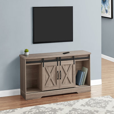 Transitional Laminate TV Stand with Barn-Style Sliding Doors and Ample Storage for Living Room or Bedroom Entertainment