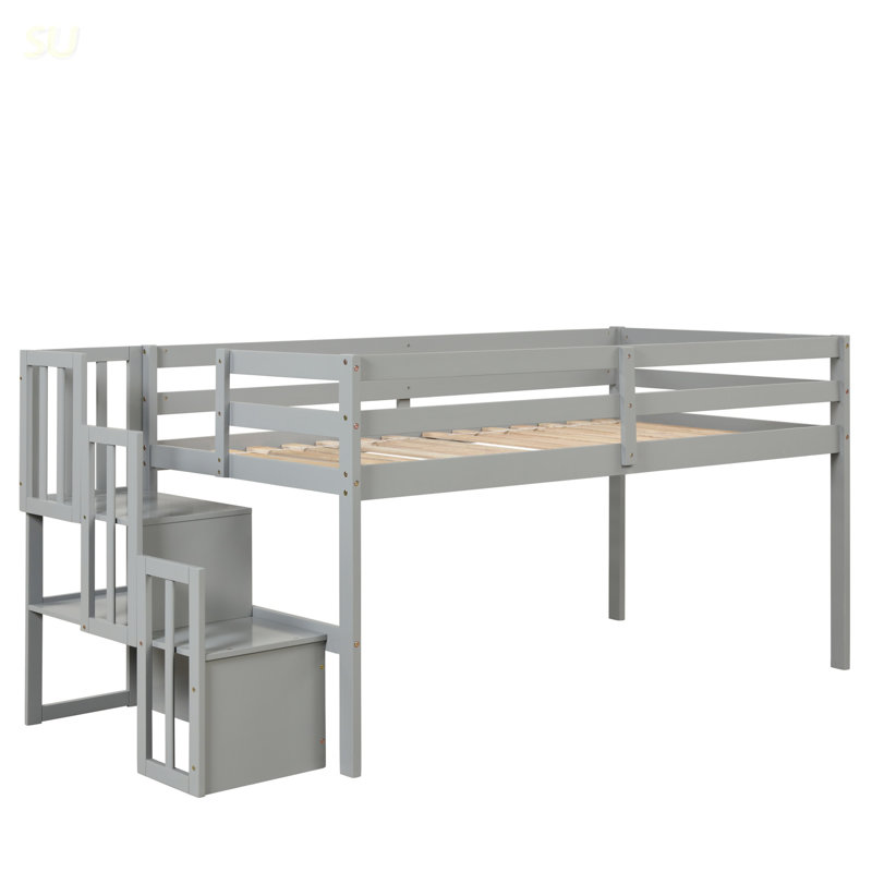Lit mezzanine avec escalier, lit, Gris