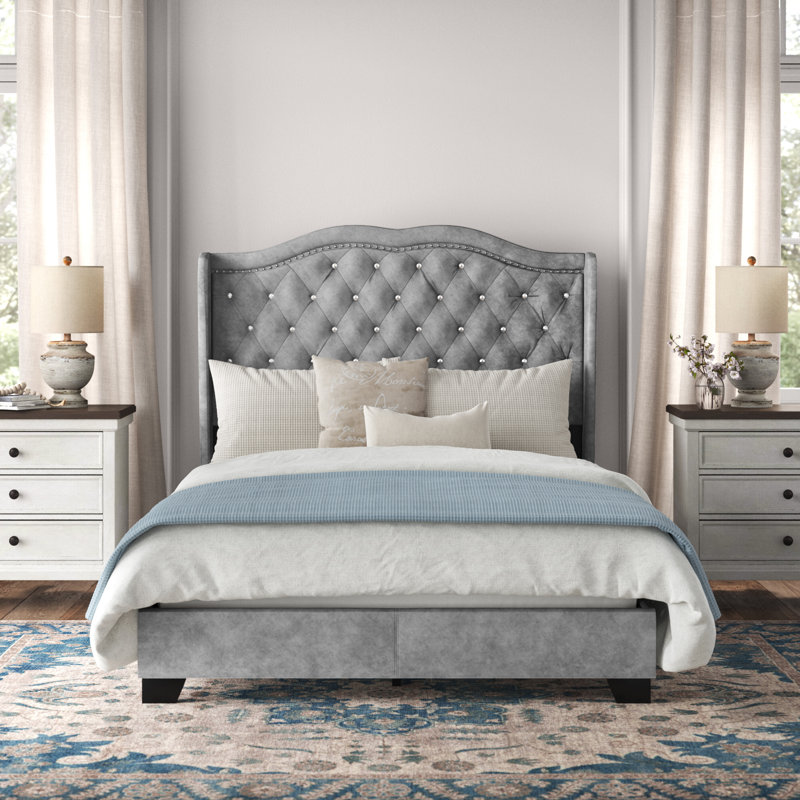 Lit tapissier standard capitonné Tess, Gris argenté, Complète