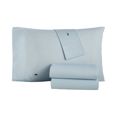 Lacoste Centre Line Cotton Percale Sheet Set, Lightweight and Breathable Crisp Feel with Embroidered Crocodile, Light Blue, Queen