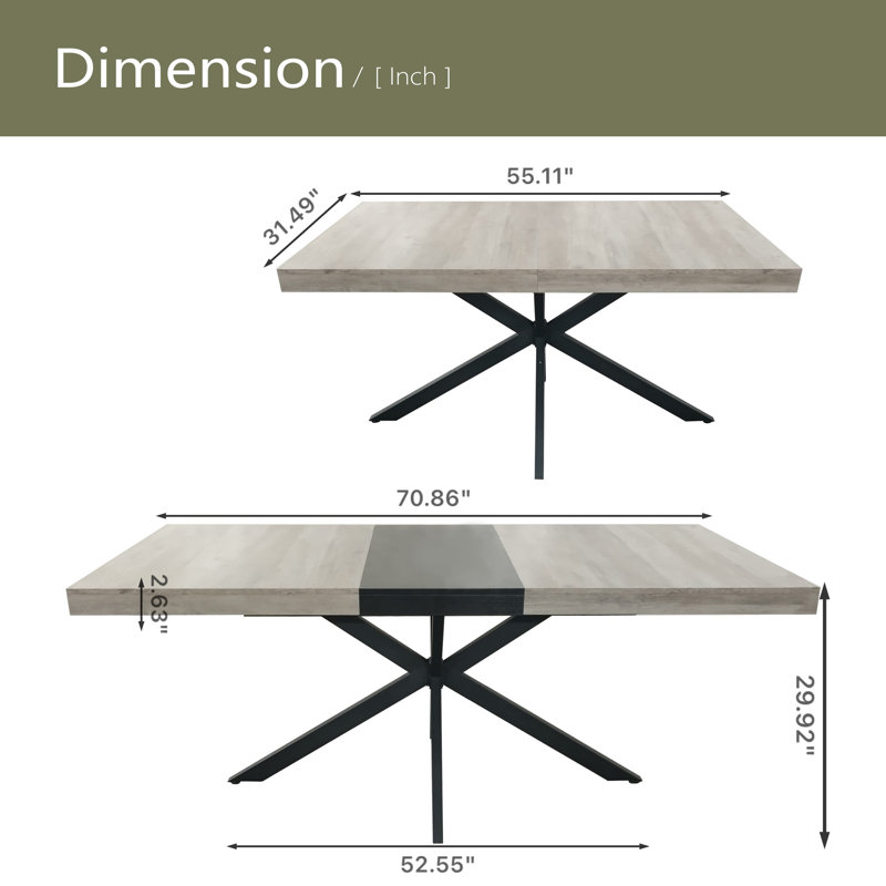 55.11" -70.86"Retro Rectangular Stretch Dining Table, Gray
