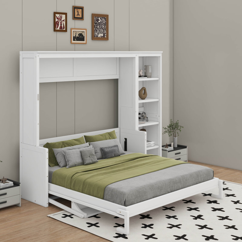 Grand lit escamotable avec bureau et bibliothèque, Blanc, Grand lit
