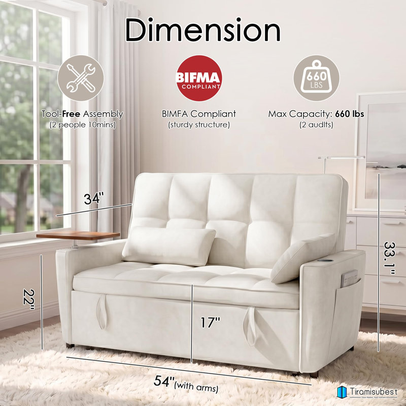 46'' Folding Pull Out Sleeper Sofa,Small Convertible Sofa Bed with Side Table & Side USB Port, Beige
