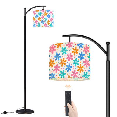 Lampe sur pied à DEL à arc à intensité variable avec fleurs colorées et dessinées à la main à pois blancs, abat-jour réglable en hauteur avec télécommande, pour le salon, la chambre et le bureau