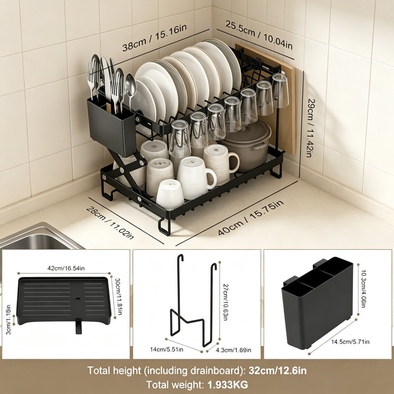 Foldable 2-Tier Over Sink Dish Drainer Rack, Height Adjustable Kitchen Dish Drying Rack with Drip Tray, Cutting Board Holder, Utensil Caddy & 3-Way Drain Spout, Black