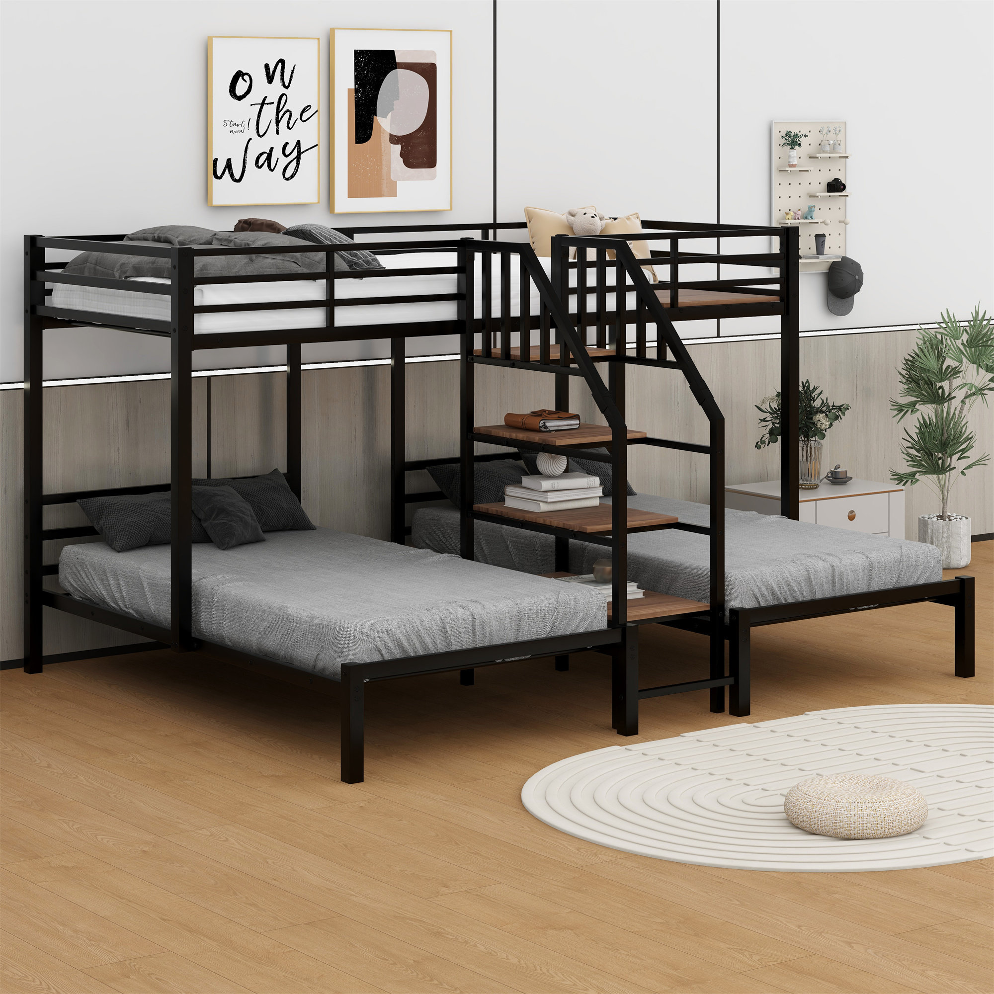 Mason & Marbles Triple Bunk Bed With Storage Shelves Staircase