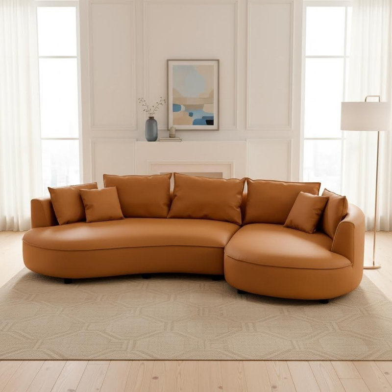 Canapé modulaire en cuir courbé de 128 po avec méridienne et 7 coussins, Orienté à droite, Similicuir orange