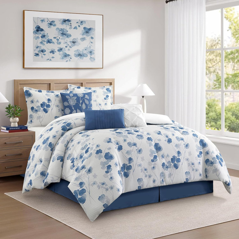 Micah Blue Waffle Printed 7 Piece Comforter Set, King Comforter + 6 Additional Pieces