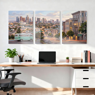 Ensemble de 3 tableaux sur toile représentant un paysage urbain de San Francisco avec une camionnette vintage