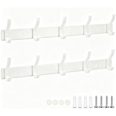 Lot de 2 porte-manteaux muraux blancs, avec 5 crochets doubles | Alliage de zinc, bords lisses, fixation par vis, doubles crochets, grand espace de rangement pour suspendre les robes, les vêtements, les sacs et les chapeaux