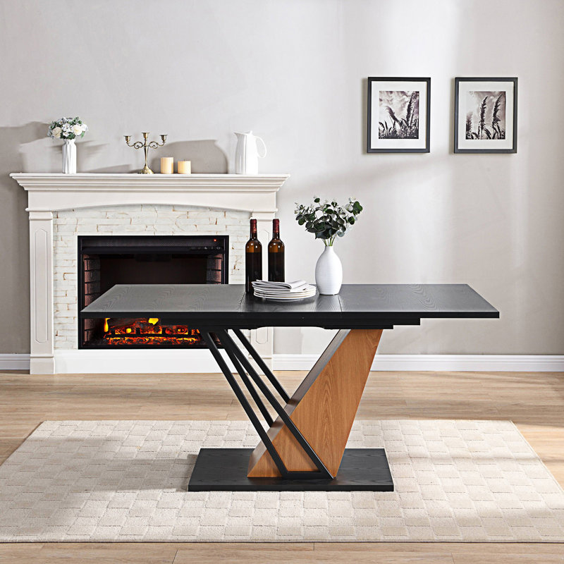 Extendable Dining Table, Modern Geometric Rectangular Table, Brown/Black