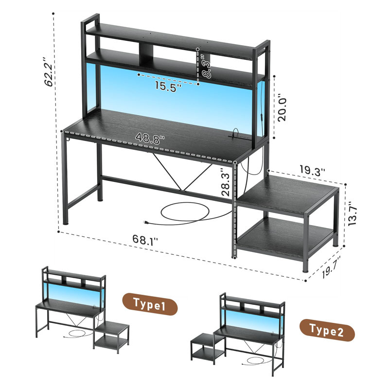 Bureau d'ordinateur avec support d'imprimante et huche, bureau de jeu de 69 pouces avec lumières à DEL et prises de courant avec tablettes de rangement