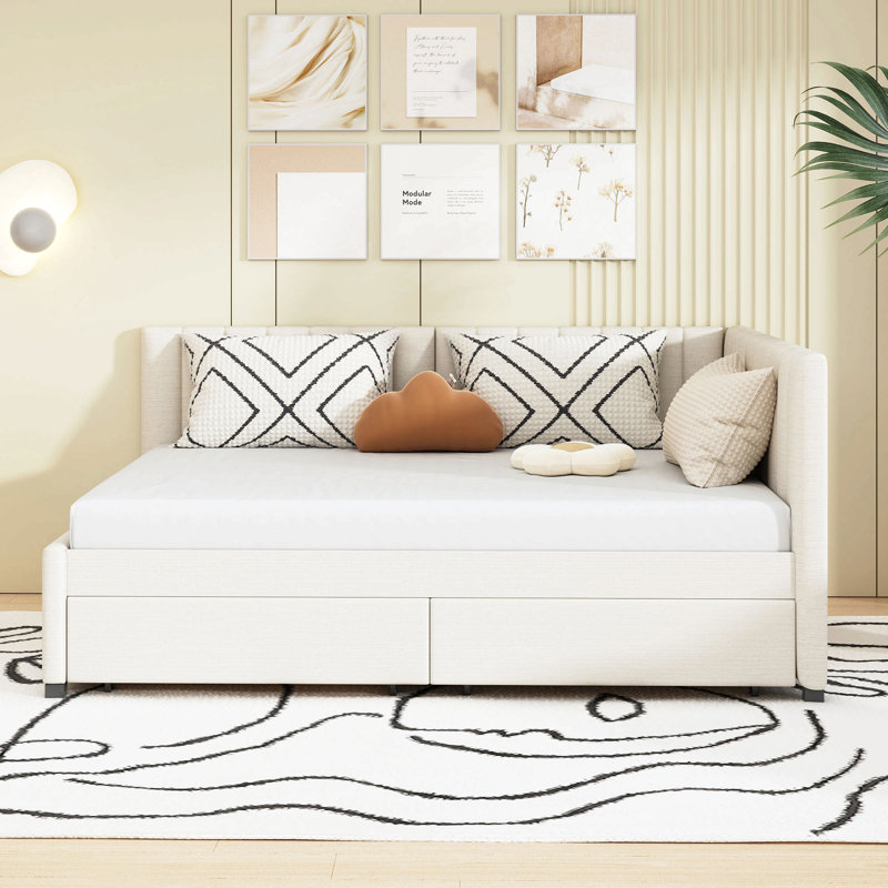 Upholstered Daybed With 2 Storage Drawers, Beige,   Twin