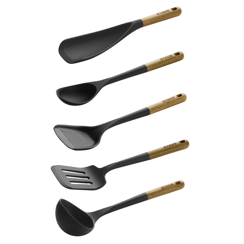 Staub 5-Piece Black Silicone and Wood Cooking Utensil Set