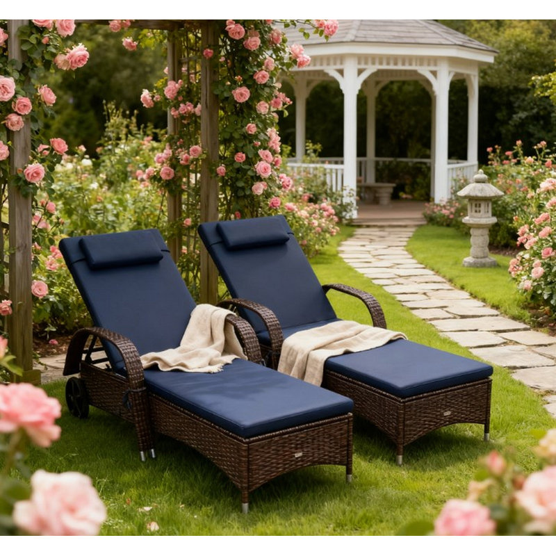 Rolling Outdoor Chairs,2 Reclining Chaise Lounge Chairs,With Cushion, Pillow, Headrest, Armrests, And Wheels, Dark Blue