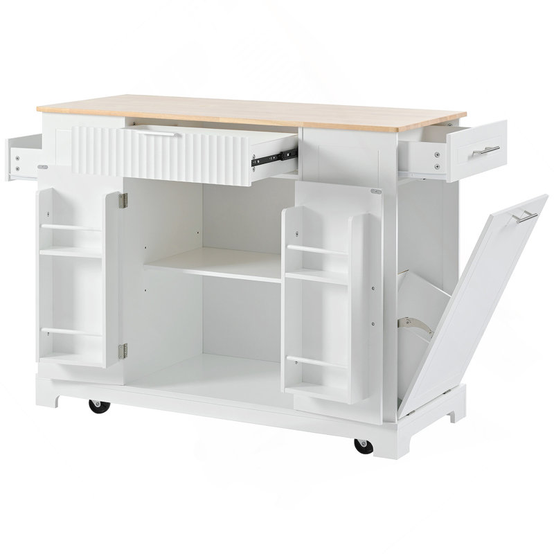 Fluted Kitchen Island With Trash Can Storage Cabinet, Power Outlet, Internal Storage Rack, Rolling Kitchen Islands On 5 Wheels With 3 Drawer, 3 Open Side Racks For 10 Gallon Garbage Bin, White