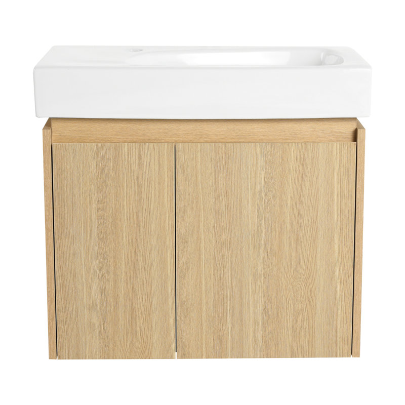 Meuble-lavabo 24 po avec lavabo en céramique, lavabo mural à fixation murale, armoire de rangement en bois à deux portes, lavabo fonctionnel en chêne - pour salle de bain, qualité