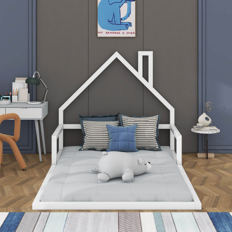 Lit en bois avec tête de lit en bois, Lit double, Blanc