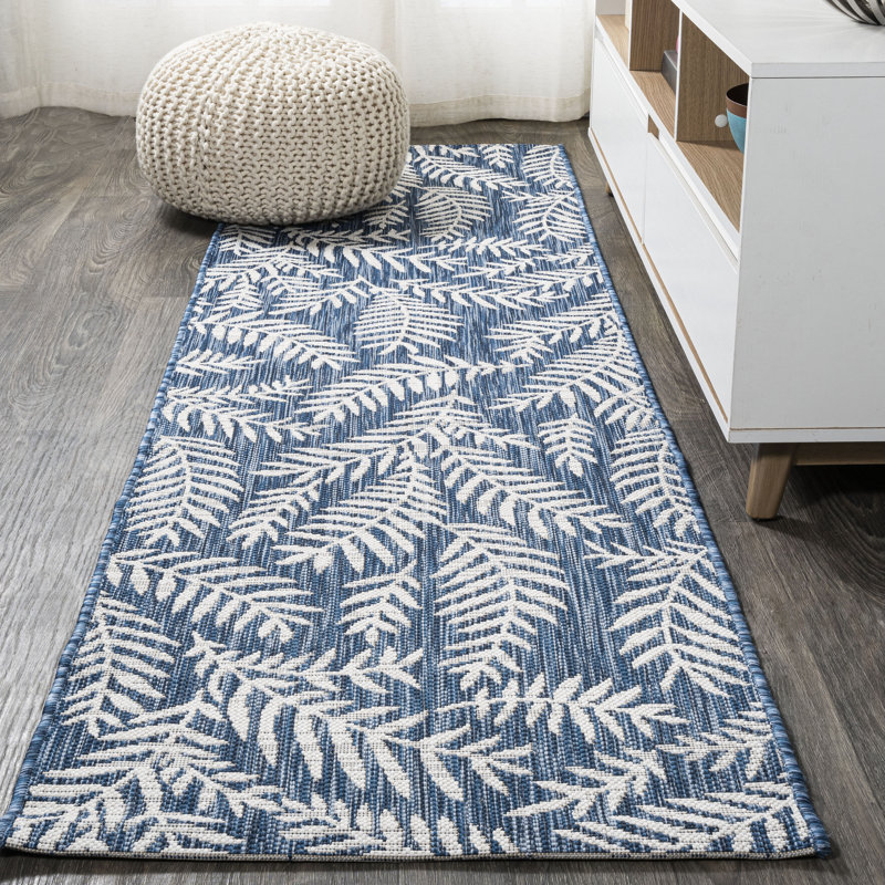 Mechling Nevis Palm Frond Navy/Ivory Indoor/Outdoor Rug, Runner 2'2" x 10'
