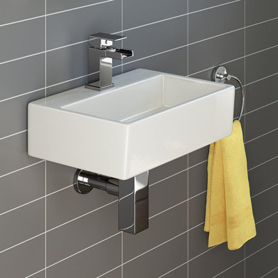 iBathUK Aventa Wall Hung Modern Square Ceramic Cloakroom Basin, Durable and Stylish Ceramic Wash Basin, White 