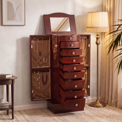 Large Standing Jewelry Cabinet Armoire with Top Flip Makeup Mirror 8 Drawers and 16 Necklace Hooks Jewelry Box Storage Organizer with 2 Side Swing Doors Retro Standing Wood Jewelry Cabinet