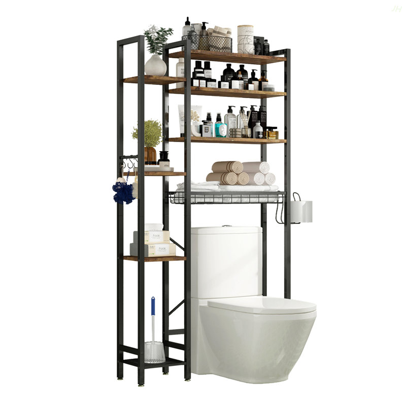 8-Tier Over The Toilet Storage With Side Rack, Over Toilet Storage Rack With Adjustable Shelf & Drain Basket, Freestanding Bathroom Organizer For Balcony, Laundry (Vintage Brown)
