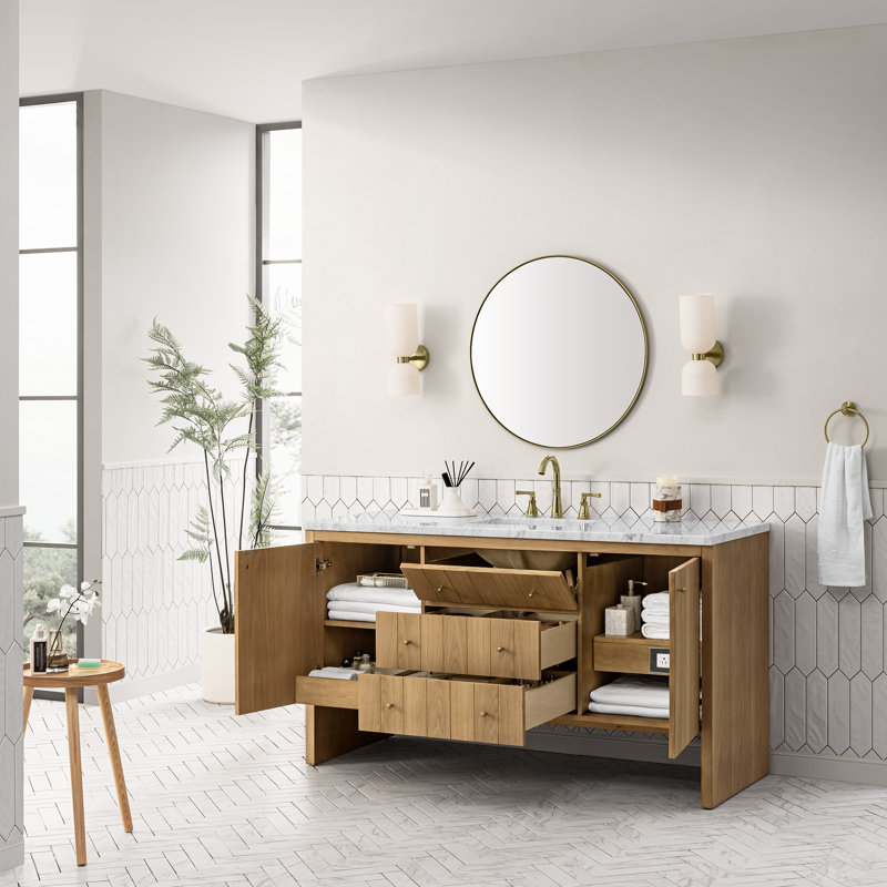 Hudson 60'' W Single Vanity, Eternal Jasmine Pearl, 8" Widespread, Light Natural Oak