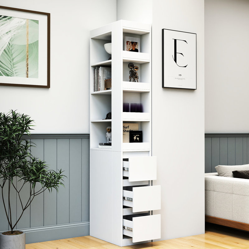 Petite armoire de présentation blanche à 4 niveaux et 3 tablettes latérales à 3 tiroirs latéraux pour bureau personnel et salon