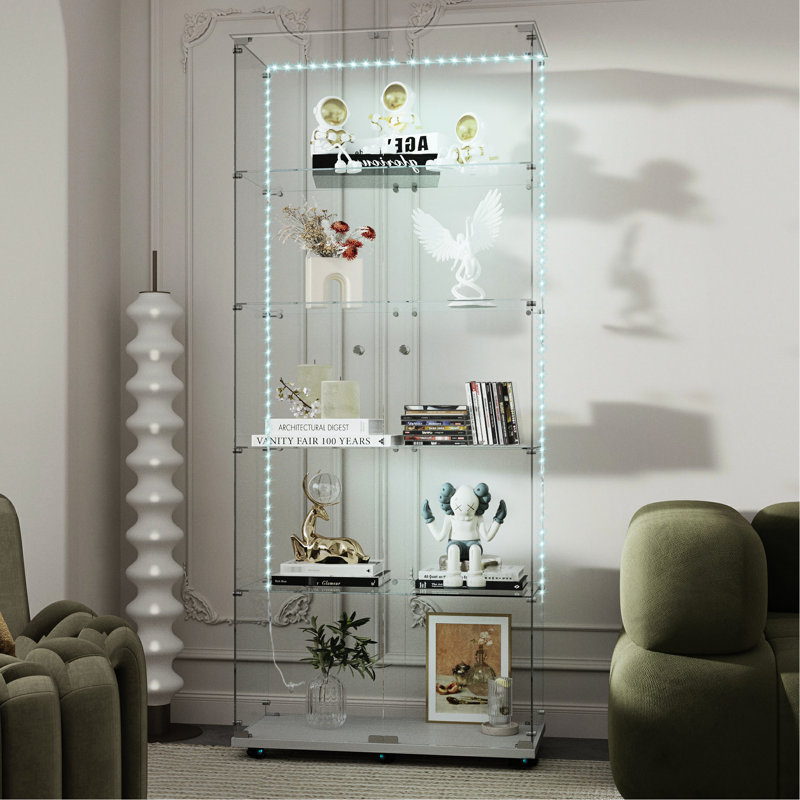 Classeur blanc classique en verre trempé avec lumières à DEL, serrure de porte et plateau supérieur - 5 tablettes de rangement pour éclairage principal, bois d'ingénierie