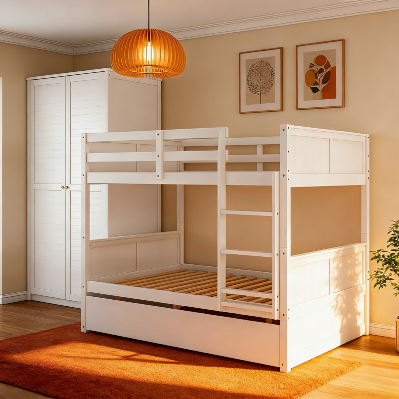 Full Over Full Bunk Bed With Twin Size Trundle, White