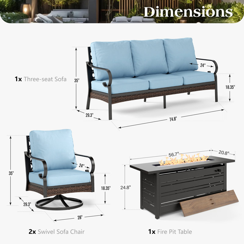 Ensemble de conversation pour 5 personnes avec chaises longues pivotantes et foyer, Noir / bleu / noir