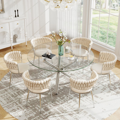 Modern Round Tempered Glass Pedestal Dining Set with Weaven Velvet Dininig Chair