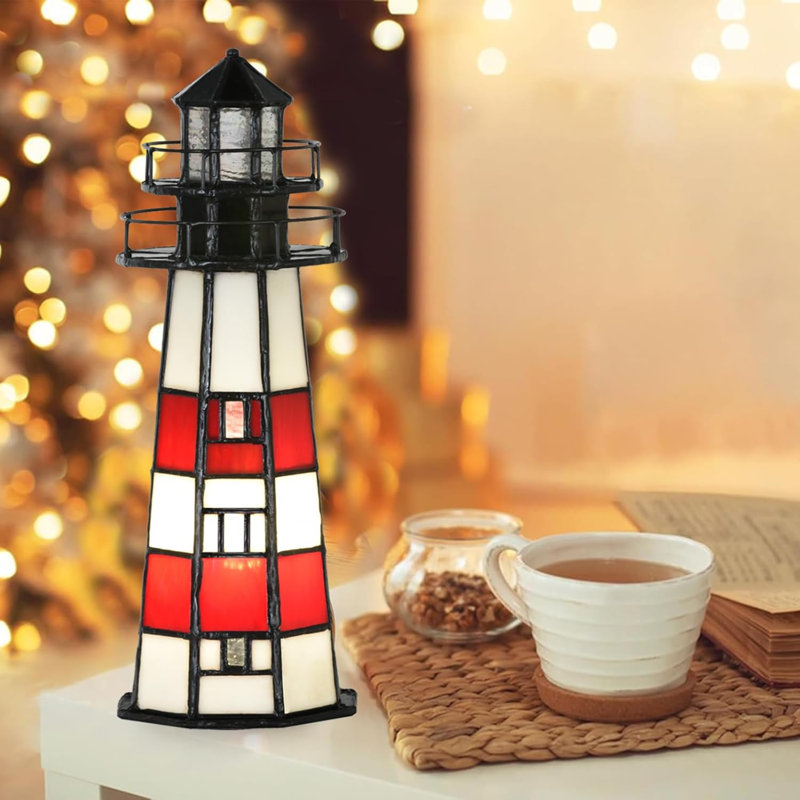 Tiffany-Style Lighthouse Accent Lamp - Red And White Stained Glass Table Light With 15W Bulb