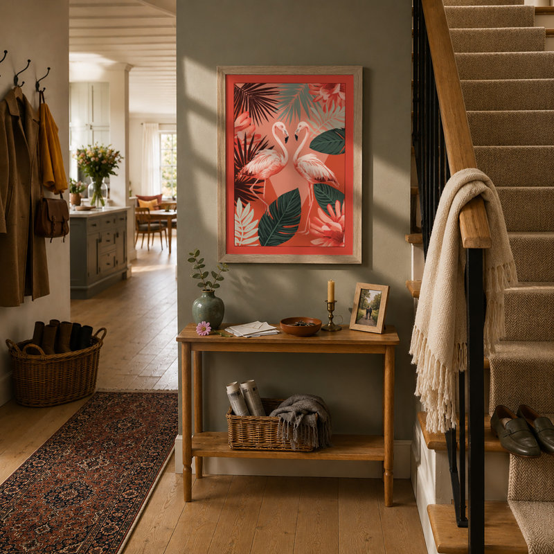 Flamingos in Bloom Tropical - Framed Print, A4 - 29.7 x 21.0 cm, Oak