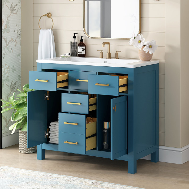 Ensemble de meuble-lavabo 36 po avec lavabo en résine 36 po, armoire de salle de bain simple autoportante moderne avec 4 tiroirs et 2 armoires, meuble de rangement pour la salle de bain, ensemble de meuble-lavabo avec cadre en bois massif (identique à S